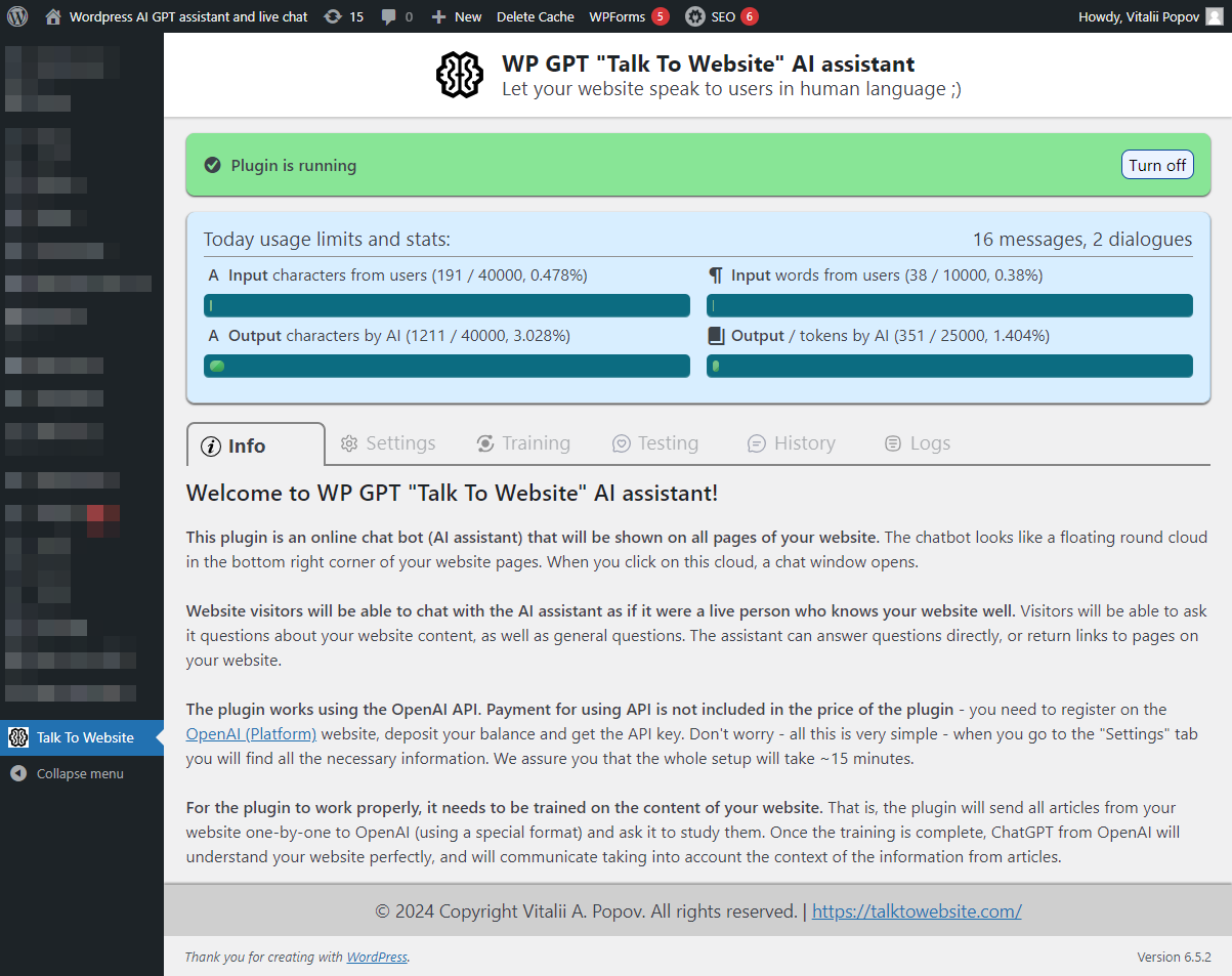 TalkToWebsite plugin common appearance